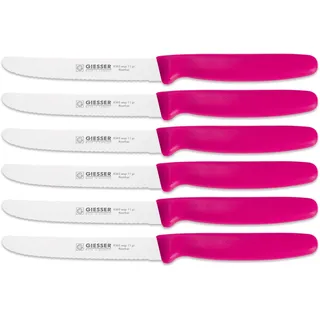 Giesser Messer - Made in Germany - 6er Set Brötchenmesser Tomatenmesser Küchenmesser Allzweckmesser Universalmesser Gemüsemesser 3mm Wellenschliff Klingenlänge 11cm Pink