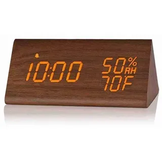 Digitaler Wecker, Holzwecker mit Elektronischer LED-Zeitanzeige, Feuchtigkeits- und Temperaturerkennung, 3 Alarmeinstellungen, 3 Helligkeitsstufen, Elektrische Uhr für (Hellbraunes, braunes Holz)