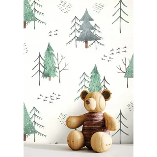 Newroom Vliestapete Forest Green Tapete Kindertapete Bäume,Tannen,Wald, Grün Tapete Kinder Bäume - Kindertapete Jugendtapete Grau Weiß Verspielt Tannen Wald für Kinderzimmer Jugendzimmer Babyzimmer, Jugendtapete grün