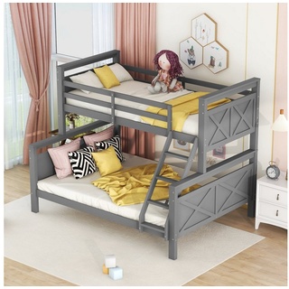 SOFTWEARY Etagenbett mit 2 Schlafgelegenheiten und Lattenrost (90x200 cm/140x200 cm), Kinderbett mit Rausfallschutz, Kiefer grau