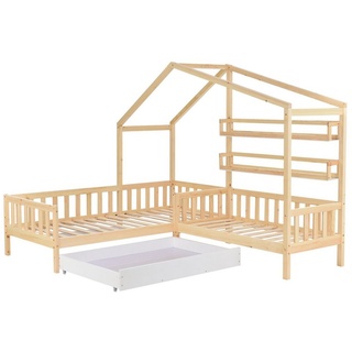 Gotagee Hausbett Kinderbett Hausbett mit Schubladen+Regalen Massivholz 90x200+140x70 cm, L-förmige Struktur, Doppelbett beige