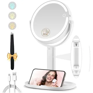 MOMOKUBA Kosmetikspiegel mit Beleuchtung, Vergrößerungsspiegel mit Licht 20fach, Kosmetikspiegel mit Vergrößerung 7", Doppelseitig 3 Farben 64 Led, Schminkspiegel mit Beleuchtung 360° Drehbar, Weiß