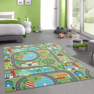 CARPETIA Kinderteppich Stadtlandschaft Straßen Grün 120x160 cm | Rutschfest, strapazierfähig, hautsympathisch und schadstofffrei, OEKO-TEX geprüft, für Fußbodenheizung & Kinderzimmer