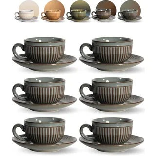 Erkundpresso. Espresso Tassen Set mit Untertassen (6 x100ml) - Espressotassen 6er-Set Steingut -Kaffeetassen Dickwandig mit Henkel- Handgefertigte Barista Kaffeetassen - Zementgrau