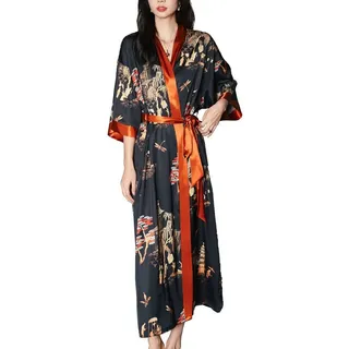 Vivi Idee Morgenmantel Bademantel Schlafmantel kimono lang leicht satin Sauna Einheitsgröße