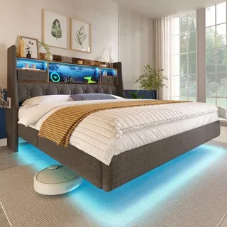 Modernes Doppelbett Grau mit LED, USB-Ladestation & Kopfteil mit Stauraum - Stoff Schwebebett ohne Matratze, Lattenrost inklusive, 160x200 cm - Grau