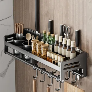 Giural 50cm,Gewürzregal Wand mit Küchenrollenhalter und Abnehmbare Haken, Küchenregal Ohne Bohren aus Edelstahl, Gewürz Organizer Hängend für Zur Aufbewahrung von Gewürzen, Dosen, Gläsern
