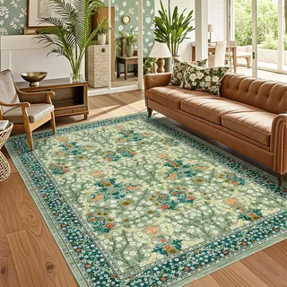 WaschbarerGroßer 240x340cm Dunkelblau Blumenteppich für Wohnzimmer Grün | Kurzfloriger, Rutschfester, Fleckenabweisender Teppich, Geeignet für Esszimmer, Schlafzimmer, Kinderzimmer, Spielzimmer