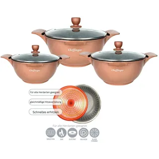 Cheffinger Topf-Set Kochtopf Kasserolle Topf Set 6-tlg mit Glasdeckel Cheffinger kupfer, Material: Aluminium, Stahl, Glas