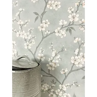 Newroom Tapete Grau Vliestapete Kirschblüten - Blumentapete Floral Hellgrau Weiß Äste Zweige Vintage Landhaus Klassisch Blüten inkl. Tapezier-Ratgeber