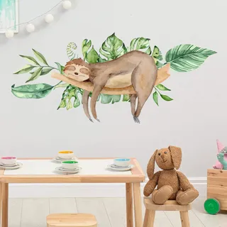 FAULTIER auf dem Ast mit Blätter Wandtattoo | Aufkleber Kindergarten | Wandsticker Kinderzimmer Babyzimmer Wand Deko (60 x 60 cm)