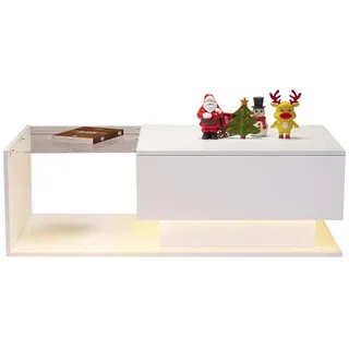 Fine Life Pro Couchtisch (Moderner Hochglanz-Weiß-Couchtisch mit Glasplatte), LED-Beleuchtung und integrierter Schublade weiß