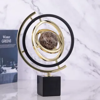 Drehbarer Metall Globus Ornament, Moderne Abstrakte Skulptur Schwarz & Gold