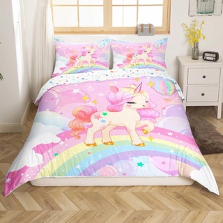 Einhorn Mädchen Bettwäsche Mädchen 200x200cm Rosa Einhorn Regenbogen Bettbezug Kinder Kawaii Nette Cartoon Pferd Bettwäsche Set Galaxy Sterne Magische Tier Zimmer Dekor Bettwäsche mit 2 Kissenbezügen