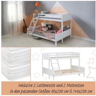 Homestyle4u Etagenbett Kinderbett 90x200 und 140x200 2 Matratzen Weiß oder Grau Holz 2 Kinder (inkl. 2 Matratzen) weiß