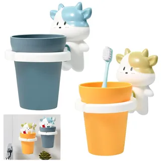Zuxbolf 2 Stück Zahnbürstenhalter für Kinder Zahnbecherhalter ohne Bohren Zahnbürstenregal mit Tasse Cartoon Zahnbürstenbecherständer Wand Zahnputzbecher Kinderzahnbürstenhalter für Badezimmer