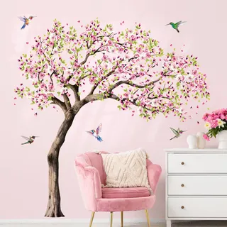 Supzone Wandtattoo Groß Baum Kirschblüte Wandaufkleber Blume Rosa Wandsticker Kirschbaum Vögel Kinderzimmer Mädchen Wohnzimmer Schlafzimmer Wanddeko XXL
