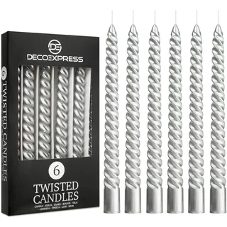 DECO EXPRESS Stabkerzen Set 3er oder 6er Tropffreie Stabkerzen Gedrehte Spiralkerzen Bunte Kerzen Brenndauer 6 Stunden Unparfümiert (Silber, 6er-Pack)