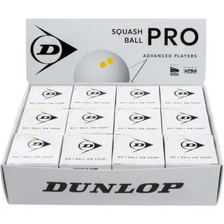 Dunlop Squashbälle Pro White, 2 gelbe Punkte, 12 Bälle | Glascourt-Ball | Offizieller PSA- & World-Squash-Ball | Niedriger Bounce | Pro-Kontrolle & Haltbarkeit