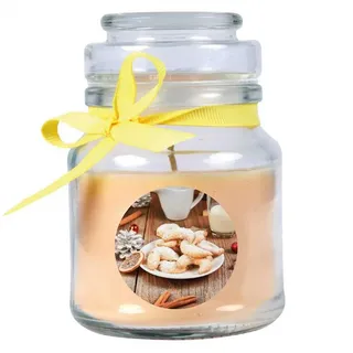 HS Candle Duftkerze (Dekokerze, 1-tlg), Weihnachten - Kerze im Bonbon Glas, Kerze mit Weihnachts - Motiv beige Ø 7 cm x 7 cm x 10 cm x 7 cm