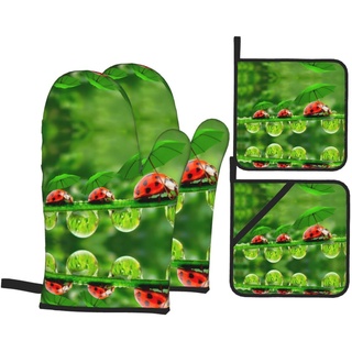 Lustiges Marienkäfer-Druck Küche Backen Vierteiliges Set Ofenhandschuhe Handschuhe Ofenmatte Sets Kochen Grillen Indoor Outdoor