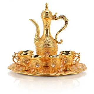Türkisches Teeservice Mit Teekanne Und Tablett, Vintage-Kaffeetassen-Set, Türkisches Kaffee-Set, Metall-Untertasse, Teeservice-Set Für Erwachsene(Gold)