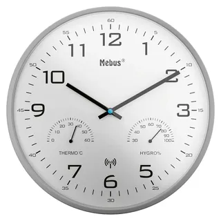 Mebus Funk-Wanduhr mit Thermometer/ Hygrometer, silber-grau - Weiß