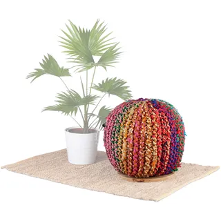 Native Home Pouf Hocker, 2 in 1, Beistelltisch & Sitzhocker, rund, Mangoholz, Strick-Design, HxBxT 40 x 40 x 40 cm, bunt