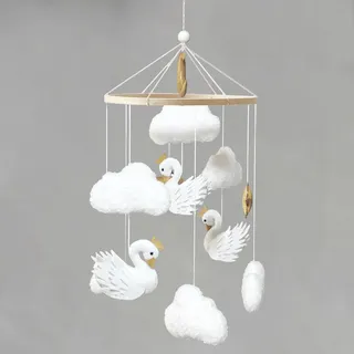 Weiße Schwan Mobile Baby Windspiele,Gekrönte Weiße Schwan, Wolken, Sterne Babybett Mobile Baby Holz mit Filzbällen,Mobile Windspiel Bettglocke Anhänger Spielzeug Geschenk für kinder