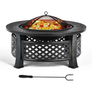 COSTWAY Feuerschale, Feuerstelle mit Grillrost, φ 81cm Feuerkorb mit Funkenschutz, Feuerschale für den Garten, inkl. Schürhaken, für für BBQ, Picknicks & Lagerfeuer