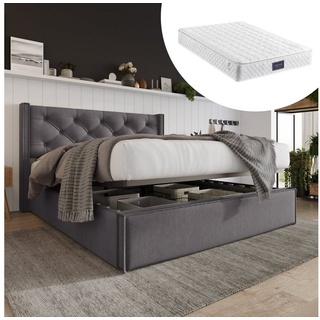WISHDOR Polsterbett Doppelbett Bett mit Matratze Hydraulisch (mit Stauraum 140x200cm, mit Lattenrost und Metallrahmen), Massivholz+Baumwolle+Metal grau