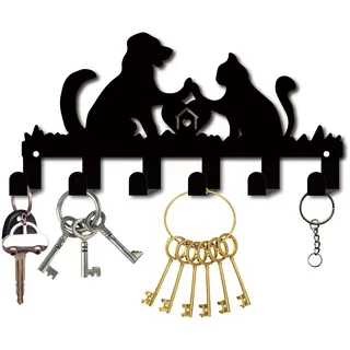 CREATCABIN Schlüsselhalter Aus Metall Schwarz Schlüsselhaken Organizer Kleiderbügel Wandmontage Dekorativ Mit 6 Haken Hunde- Und Katzenmuster Für Haustür Eingangsbereich Flur Tasche 27x13.7 cm