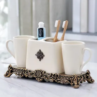 Tauzveok Bad ZubehöR Vintage,Accessoires füR Bad Keramik,Seifenspender Set,Seifenspender Zahnputzbecher Wc Badezimmer Set Vintage Bad ZubehöR Bad Accessoire (White A)