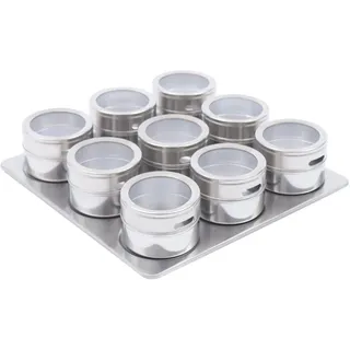 Qussse 9 Stück Gewürzdosen-Set Magnetisch aus Edelstahl mit Halter Ständer, 9 Gewürzstreuer und 1 Lagerplatte, Gewürzdosen Magnetisch 70ml x 9