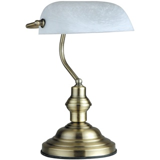 Schreibtischlampe Retro mit Glasschirm weiß Banker Lampe aus Alt Messing Retro (Schreibtischleuchte, Nachttischleuchte, Nachttischlampe, Höhe 36 cm, Bankerslamp, Fassung E27)