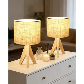 EDISHINE Nachttischlampe 2er Set, Vintage Tischleuchte aus Holz mit Leinenlampenschirm, LED wechselbar, warmweiß, H36 cm Tischlampe mit Leuchtmittel beige