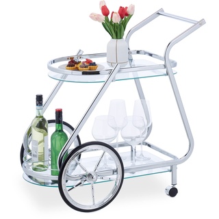 Relaxdays Servierwagen, mit Rädern & Rollen, 2 Etagen, Glas & Chrom, HBT: 76x76x46 cm, Küchenwagen, transparent/Silber