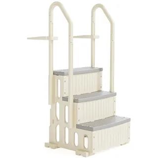 Bonnlo Poolleiter, Pooltreppe aus Kunststoff, mit rutschfesten Streifen und Handläufen, 3-stufig, bis 180 kg belastbar, für Oberirdische/Einbaupools, Weiß und Grau
