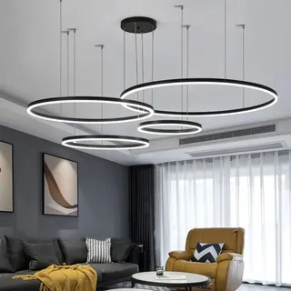 LIUYU Pendelleuchte 4 Ringe Schwarz dimmbar 20/40/60/80cm 130W | LED Pendelleuchte, 4 Ringe, gleichmäßiges Licht. Farbtemp. & Höhe (150 cm) einstellbar, Memory, Alu-Acryl