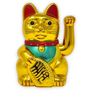 Starlet24® Winkende Glückskatze Winkekatze Lucky Cat Maneki-Neko Winkende Japanische Maneki-Neko batteriebetrieben (Gold Glänzend, 15cm)