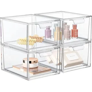 Refined Living Organizer 2er/4er/6er Set Stapelbare Acryl Make-up Organizer mit Ausziehgriffen (Acryl Aufbewahrungsschubladen, Kosmetik Organizer, Stapelbare Schubladenbox, Staubdichte Schubladen, Multifunktionale Aufbewahrung, Speisekammer,Transparentes Design, 4 St., BPA-freiem, Platzsparend, robustem, wasserdicht und staubdicht), für Schminktisch, Speisekammer, Schreibtisch, Unterschrank, Küche, Bad weiß