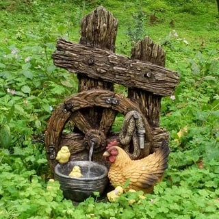 Außen Zier Spring Brunnen Holz Deko Kaskade Rad Huhn Optik Garten Pumpe