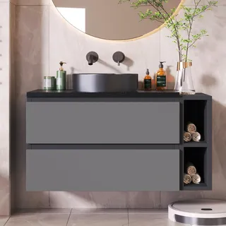 Wiuzo Waschbeckenunterschrank hängend 80cm breit,mit Keramikwaschbecken, mit Schubladen,modernes Design,80x44x48.5cm, schwarz-graue