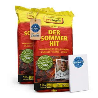 HLKauf Bundle Profagus Favorit Holzkohle 2x10kg - Grillkohle aus Buchenholz - Grillholzkohle zum Grillen auf der Terrasse im Garten mit Freunden - für Holzkohlegrill & Kugelgrill + Block