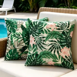 2er Set Kissenbezug 50x50 cm Wasserfeste Leinen Kissenbezüge Outdoor Tropisch Pflanzen Deko Kissen Sommer Moderne Grüne Blätter kissenhülle Dekorative für Zuhause Sofa Schlafzimmer Dekoration
