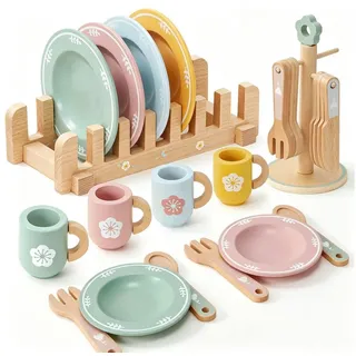 FOUORTUNATE-BEE Spielküche Kinderküche Holz Geschirr Teeservice Kinder, Geschirrset, mit Tassen Teller, Spielküche Zubehör Holz Küchenzubehör Spielzeug