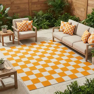TAPISO Checker Outdoor Teppich Orange Kariert Wetterfest 300 x 400 cm | Balkon Garten Terrasse Camping - Waschbar UV-beständig Strapazierfähig Outdoorteppich Balkonteppich Indoor Flachgewebe