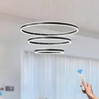 LAMPLAY Runde Moderne LED-Pendelleuchte, 3 Schwarzer Ring-Kronleuchter, Dimmbar Mit Fernbedienung 3000K-6000K Deckenleuchte, Höhenverstellbar, Foyer, Wohnzimmer, Schlafzimmer, Esszimmer(Ø20+40+60cm)