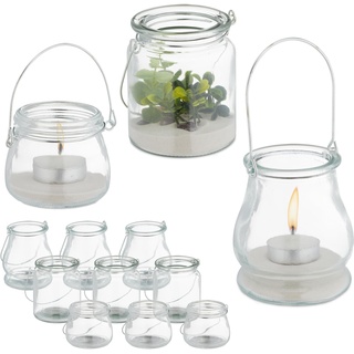 Relaxdays Windlicht Glas, 12er Set, Teelichthalter mit silbernem Henkel, 3 versch. Größen, Kerzenglas, rund, transparent