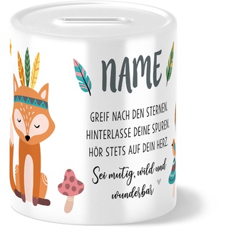 OWLBOOK Boho Fuchs Kinder Spardose Personalisiert mit Namen Geschenke Geschenkideen für Mädchen zum Geburtstag Einschulung Taufe Geburt Sparschwein